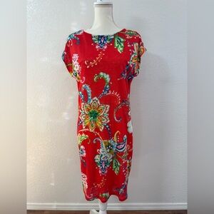 RALPH LAUREN LAUREN S Red Floral Linen Sheath Midi Dress Cap Sleeve Boat Neck